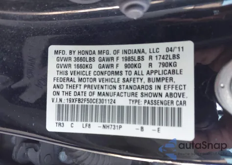 2012 Honda Civic Lx z USA, uszkodzony, nr VIN 19XFB2F50CE301124